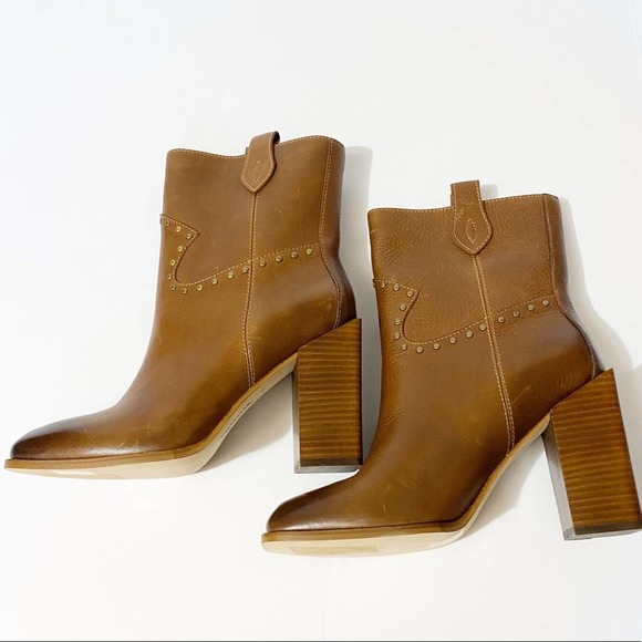 Paige Leather Booties 9.5 Brown Ashley Stud Western Calf Boot New In Box